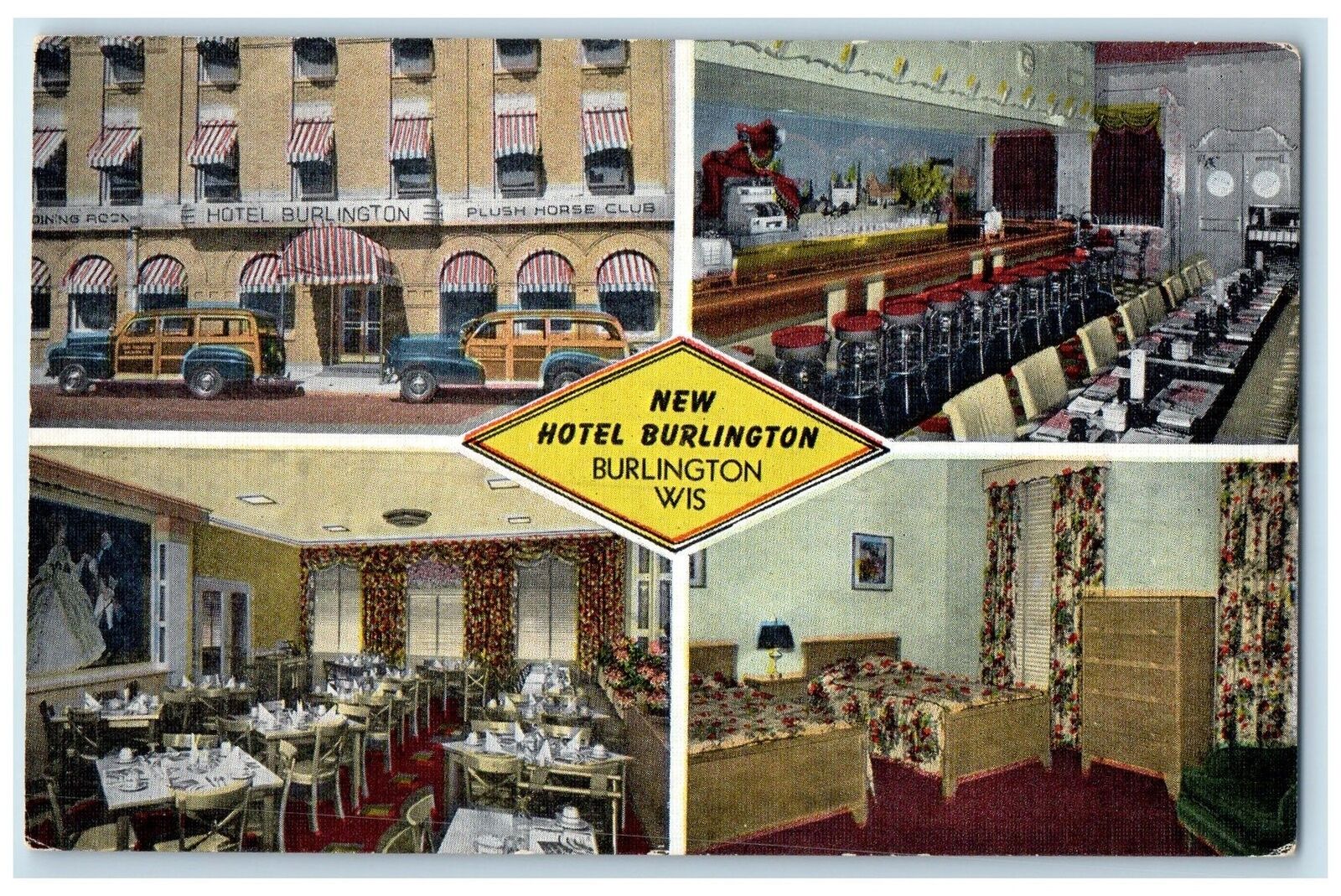 c1940's New Hotel Exterior & Interior Burlington Wisconsin WI Unposted Postcard