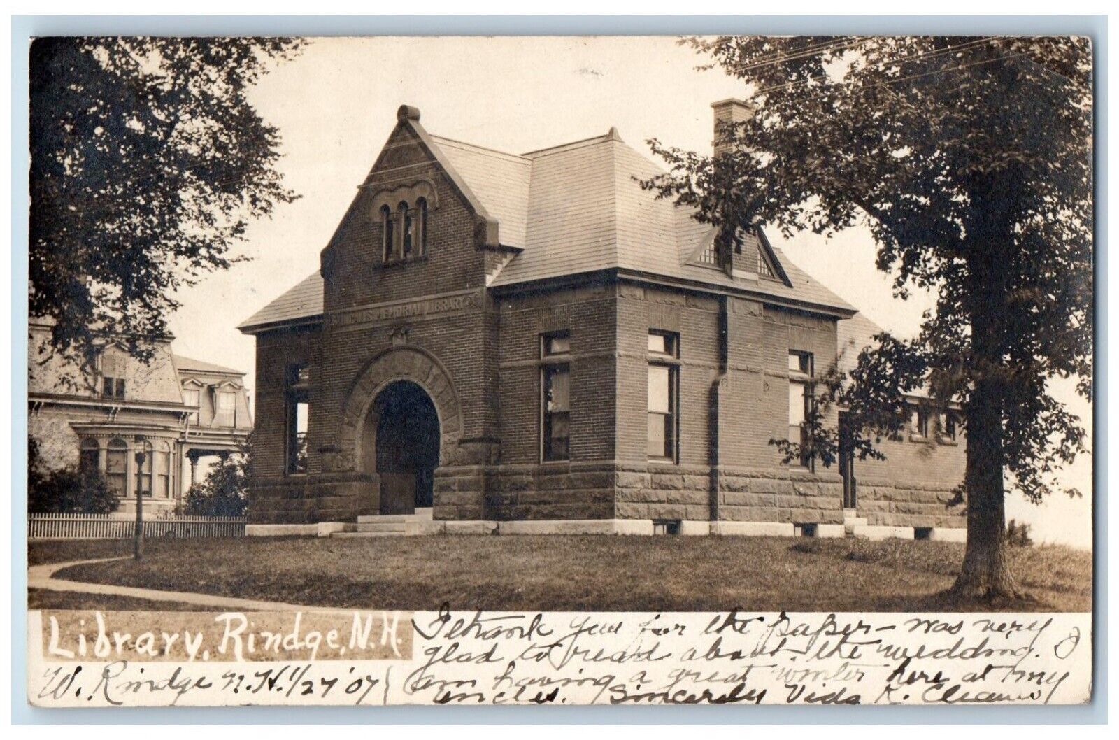 Rindge New Hampshire NH Postcard RPPC Photo Library Building 1907 Posted Antique