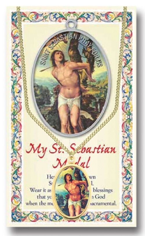 St. Sebastian (Patron Saint Athletes) Medal w/Prayer Card-Gold Embossed