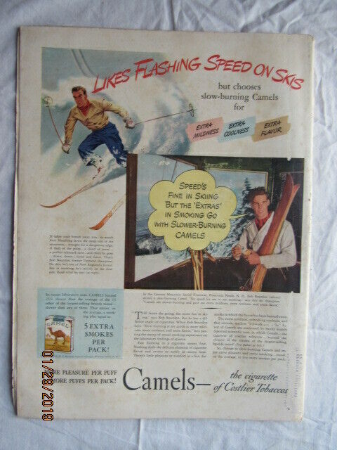 VTG 1940 Orig Magazine Ad Camel Cigarettes Likes Flashing Speed on Skis