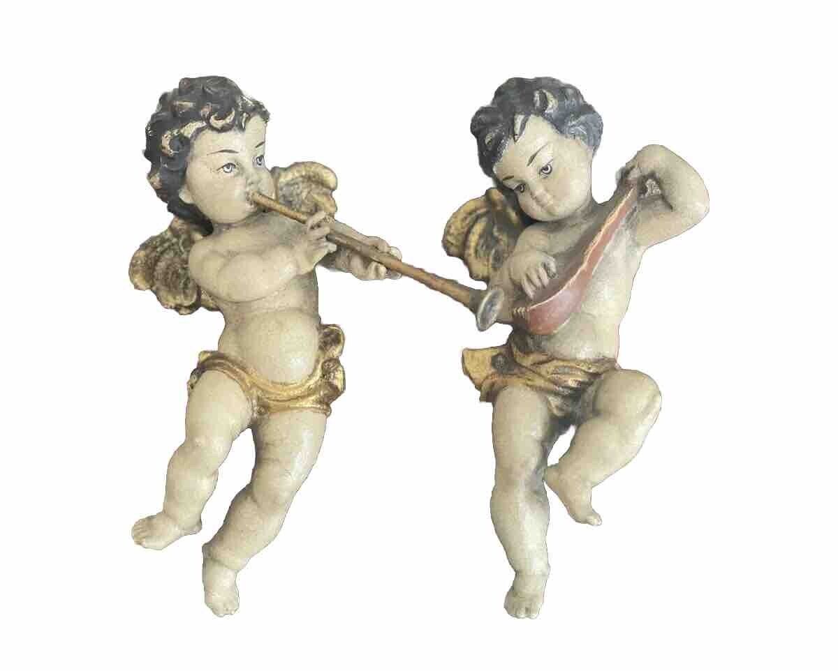 2 Vintage 8” Polychrome Carved Putti Cherubs Wall Hangings Figurines Italy Anri?