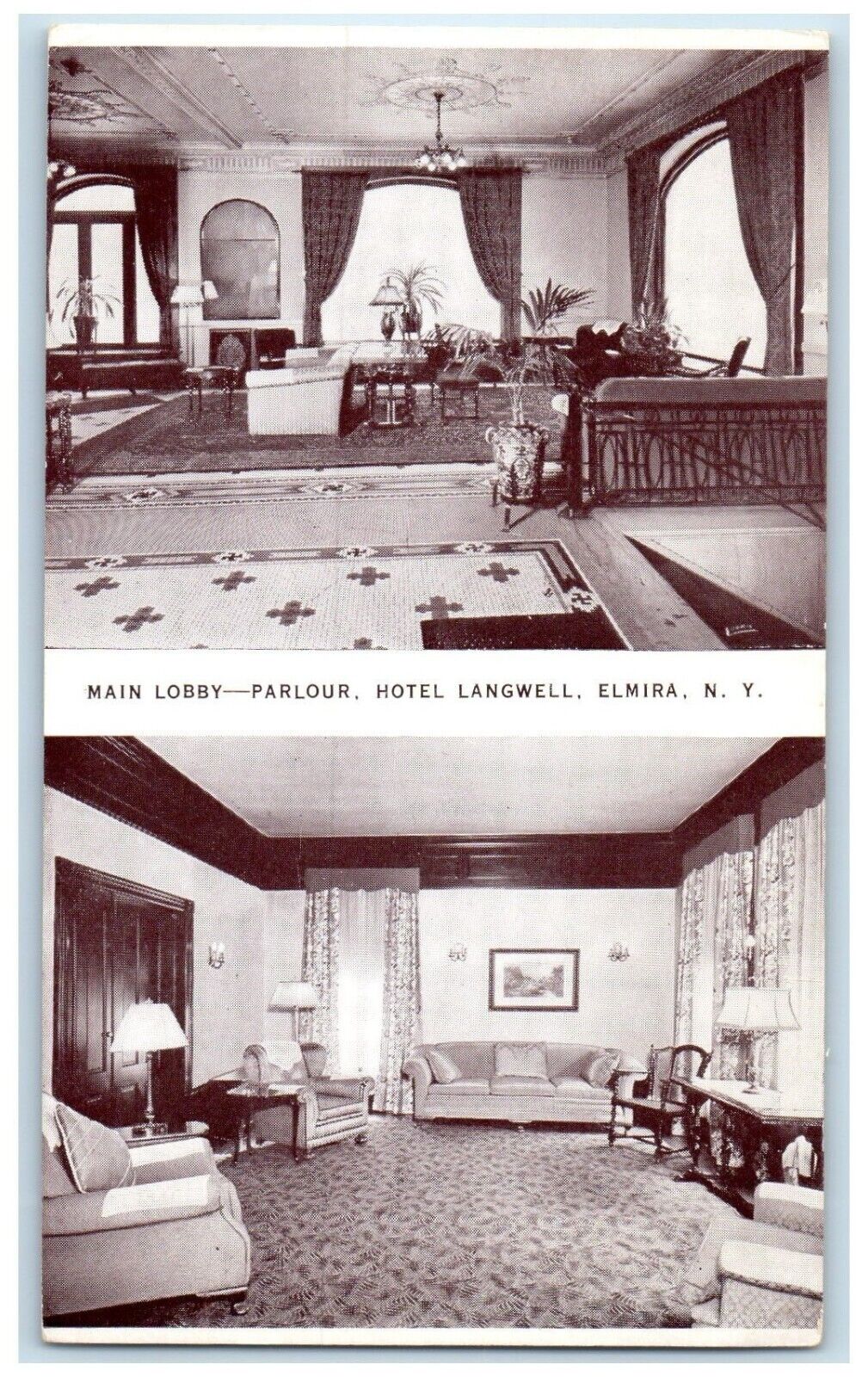 c1930 Main Lobby Parlour Hotel Langwell Hotel Elmira New York Vintage Postcard