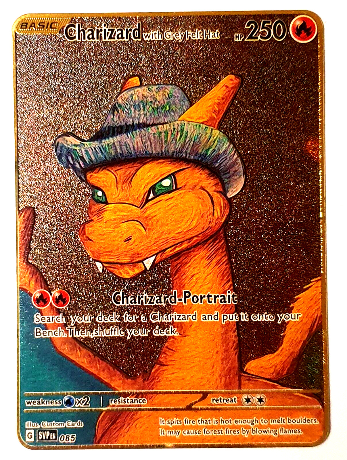 Pokemon Charizard with Grey Felt Hat Van Gogh Style Gold Metal FunArt Card
