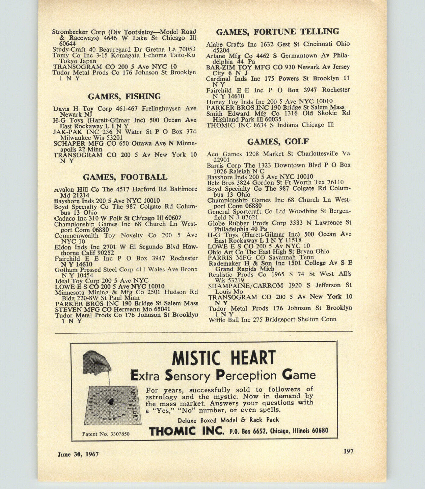 1967 PAPER AD Game Extra Sensory Perception Mistic Heart Thomic Chicago #3307850