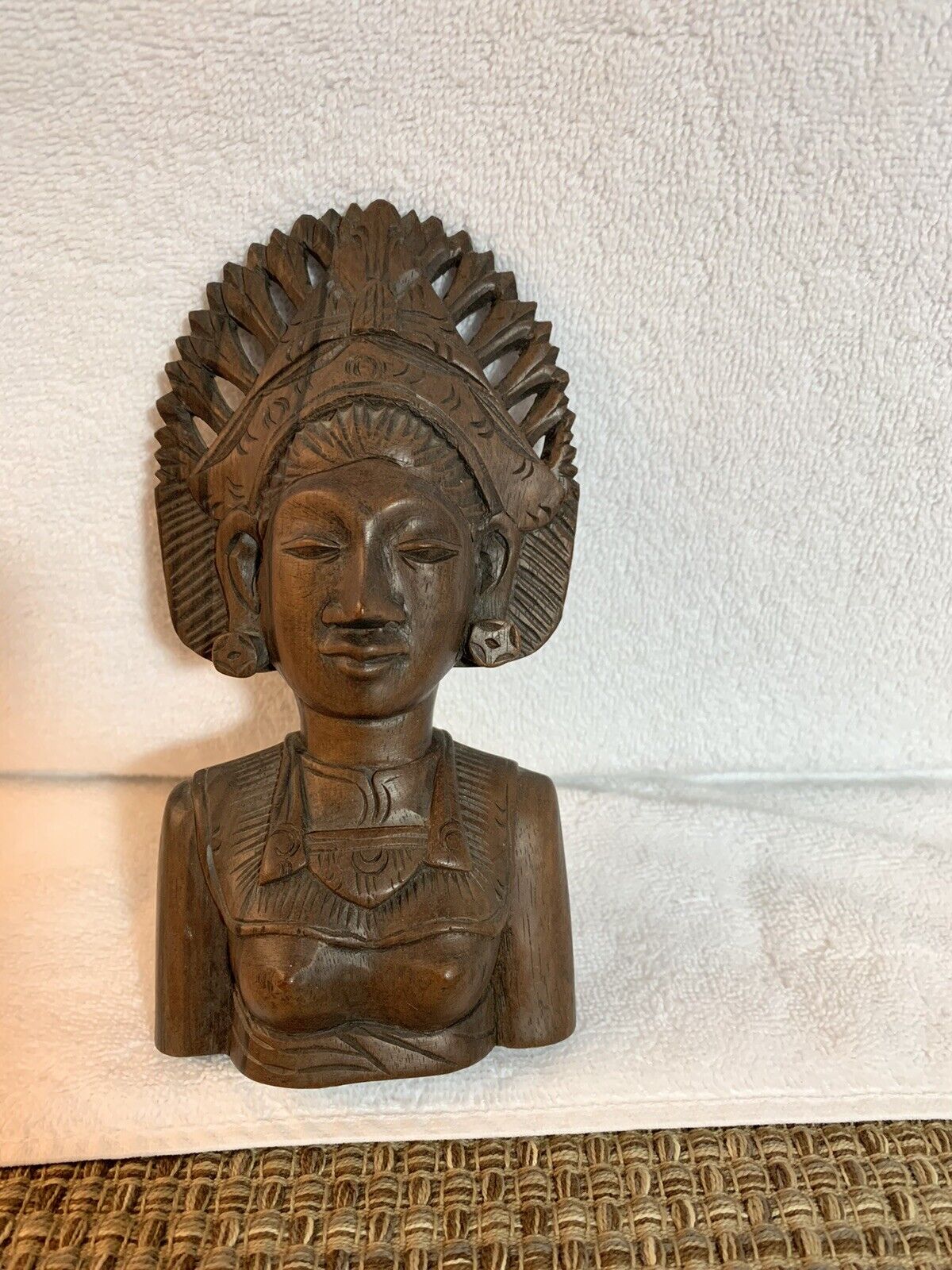Bali Indonesia Hand Carved Teak Wood Female Bust Headdress Pacific Island Art - 