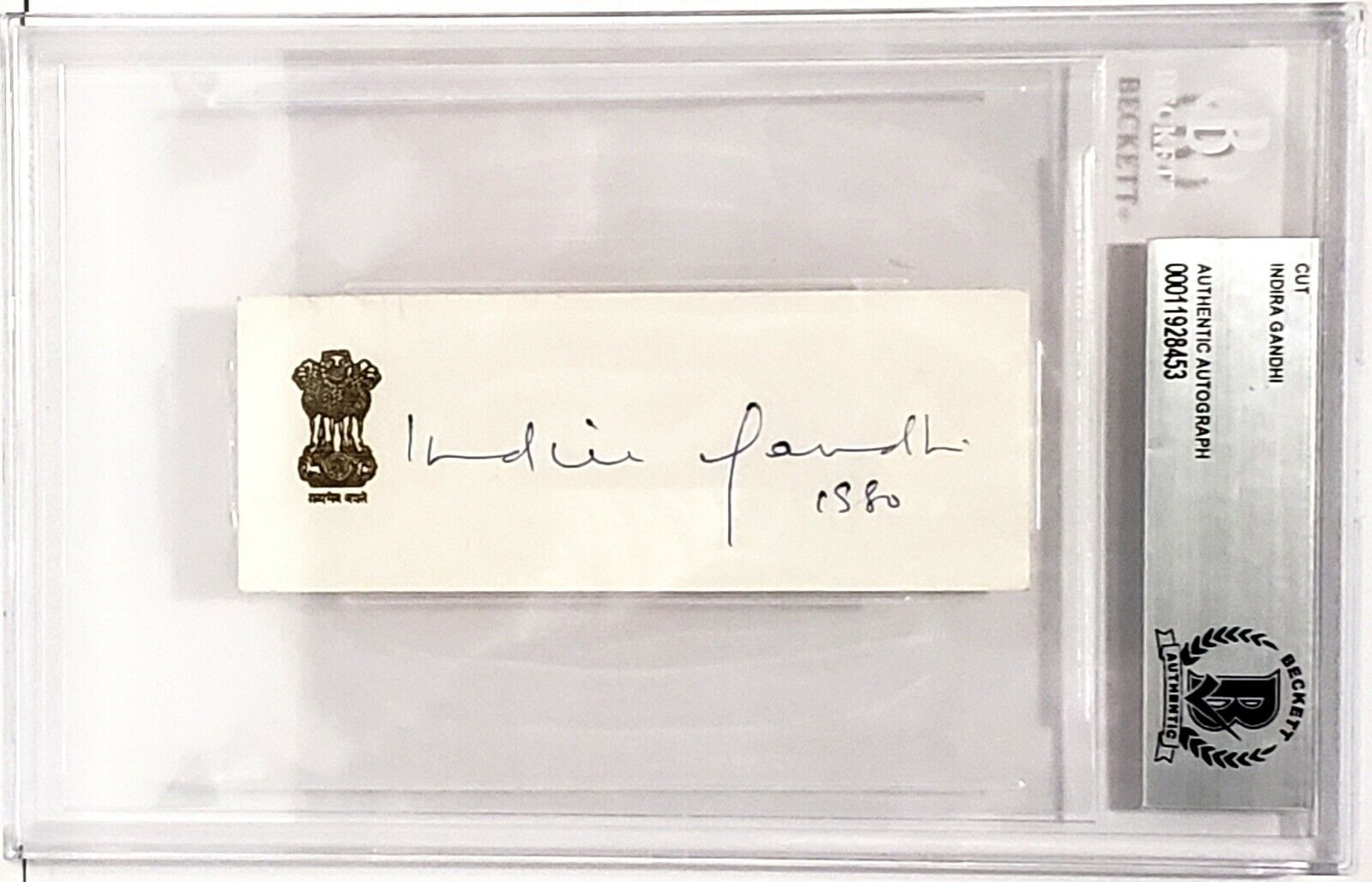 INDIRA GANDHI Prime Minister Of INDIA Signed Autographed Cut Beckett BAS SLABBED