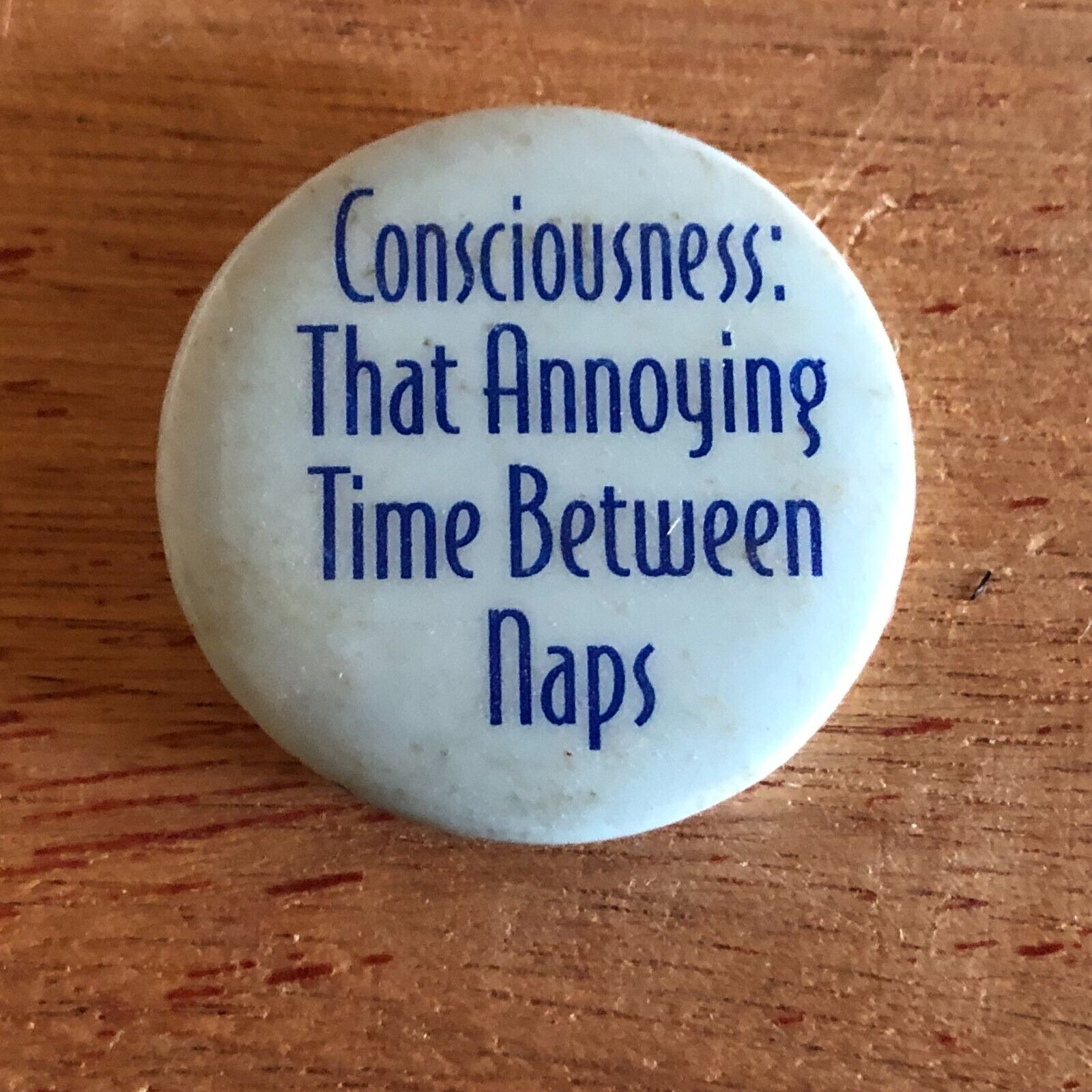 Consciousness: That Annoying Time Between Naps Badge Button Pin Pinback Vintage