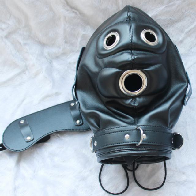 Lockable Faux Leather Gimp Hood Sensory Deprivation Blindfold Adjustable Helmet