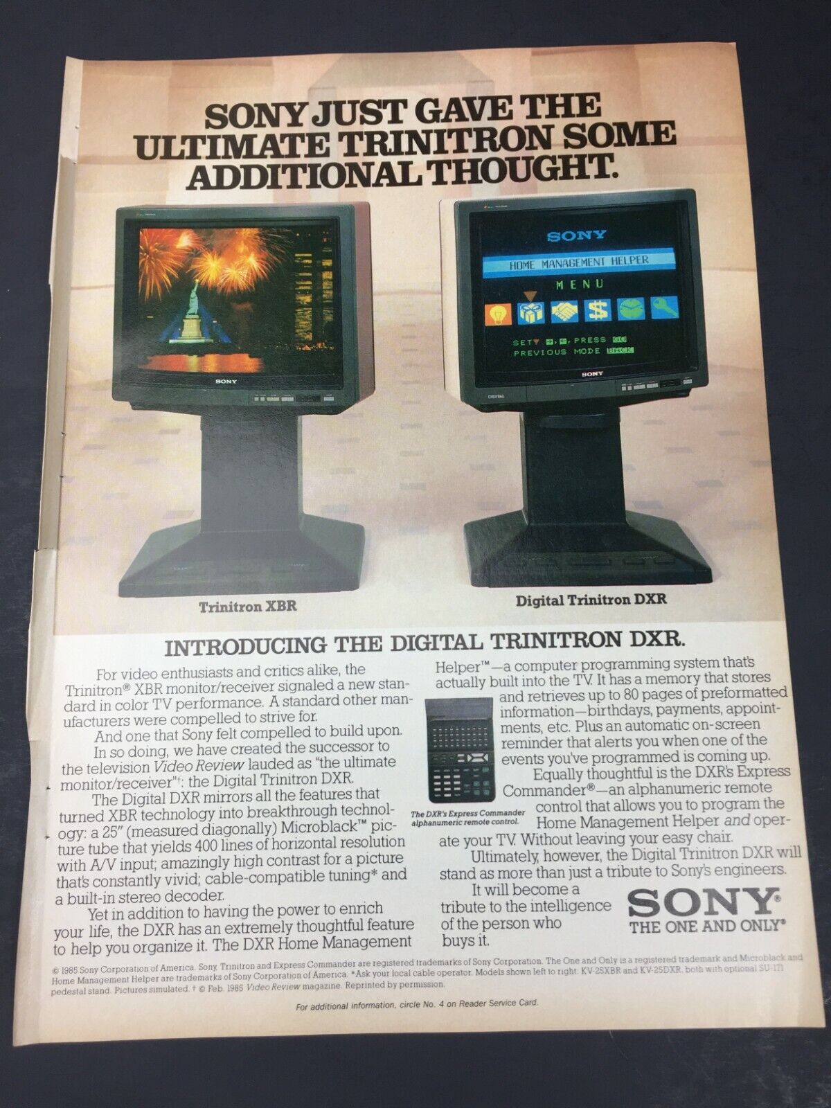 Vintage 1986 PRINT AD Advertisment SONY TRINITRON CRT TV Television models 11x8\