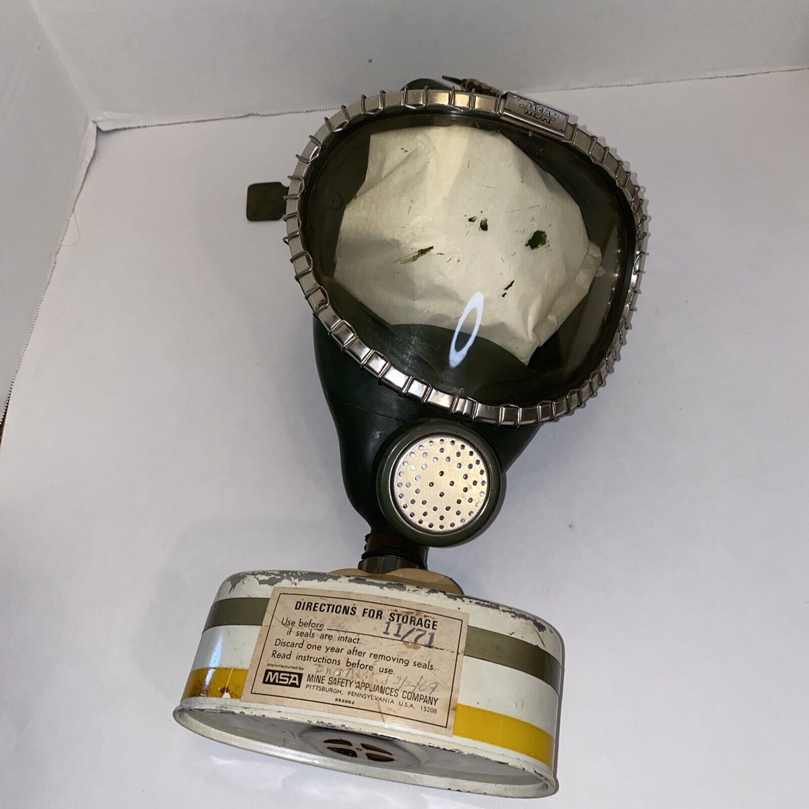 MSA GAS MASK & MSW CANISTER With Clear shield (some Spots Of Rubber On Shield)