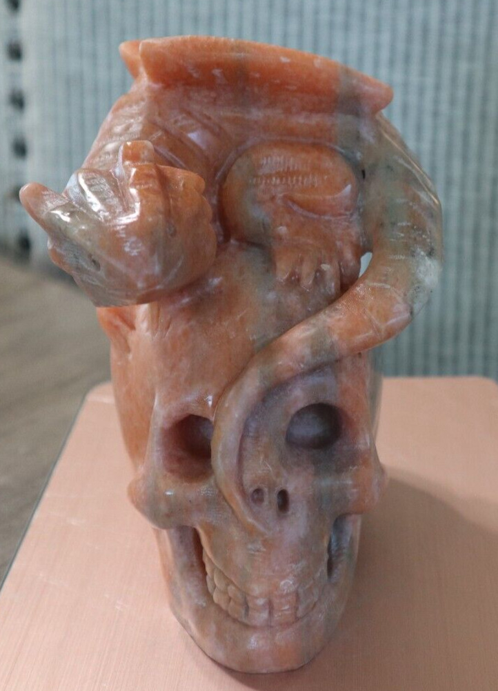 VERY LARGE SUNSTONE SKULL WITH DRAGON 5.66 IN TALL/ 1879 GRAMS