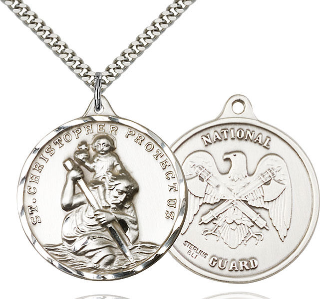 Men\'s Sterling Silver St Christopher Nat\'l Guard Military Soldier Medal Necklace