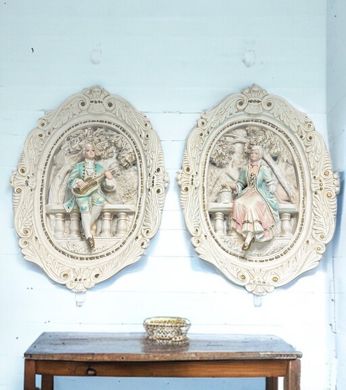 Lot of 2 Pair 1960\'s Jayess United INC Chalk Plaques Victorian Hanging Art