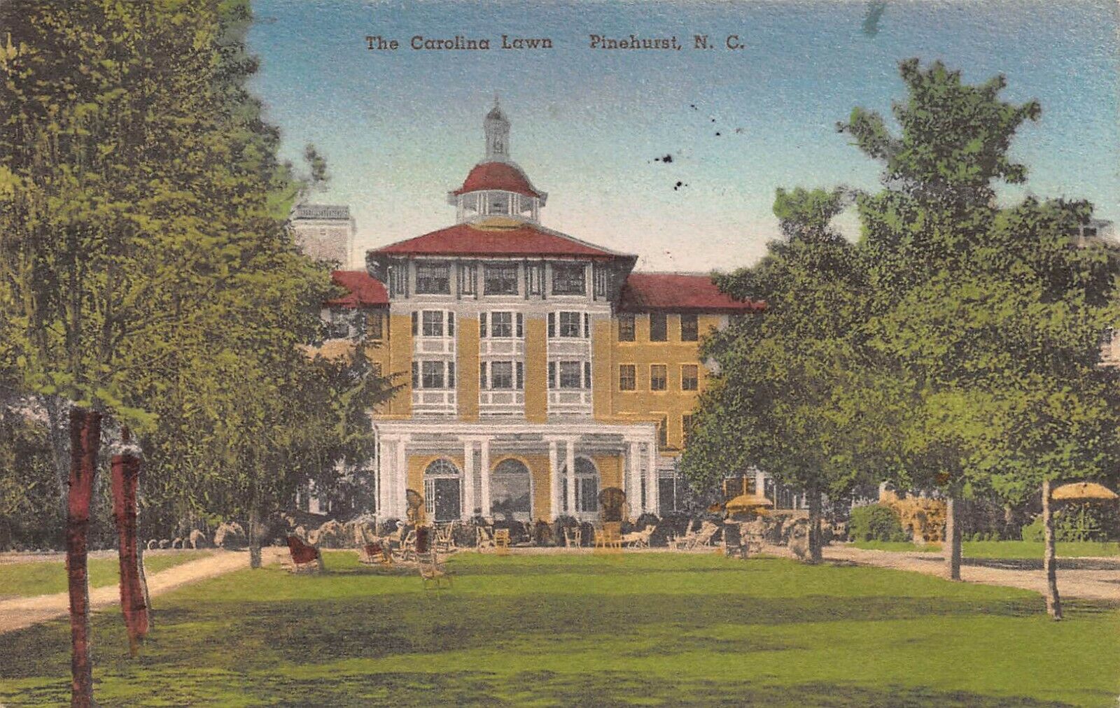 The Carolina Lawn, Pinehurst, North Carolina, Early Hand Colored Postcard, Used 
