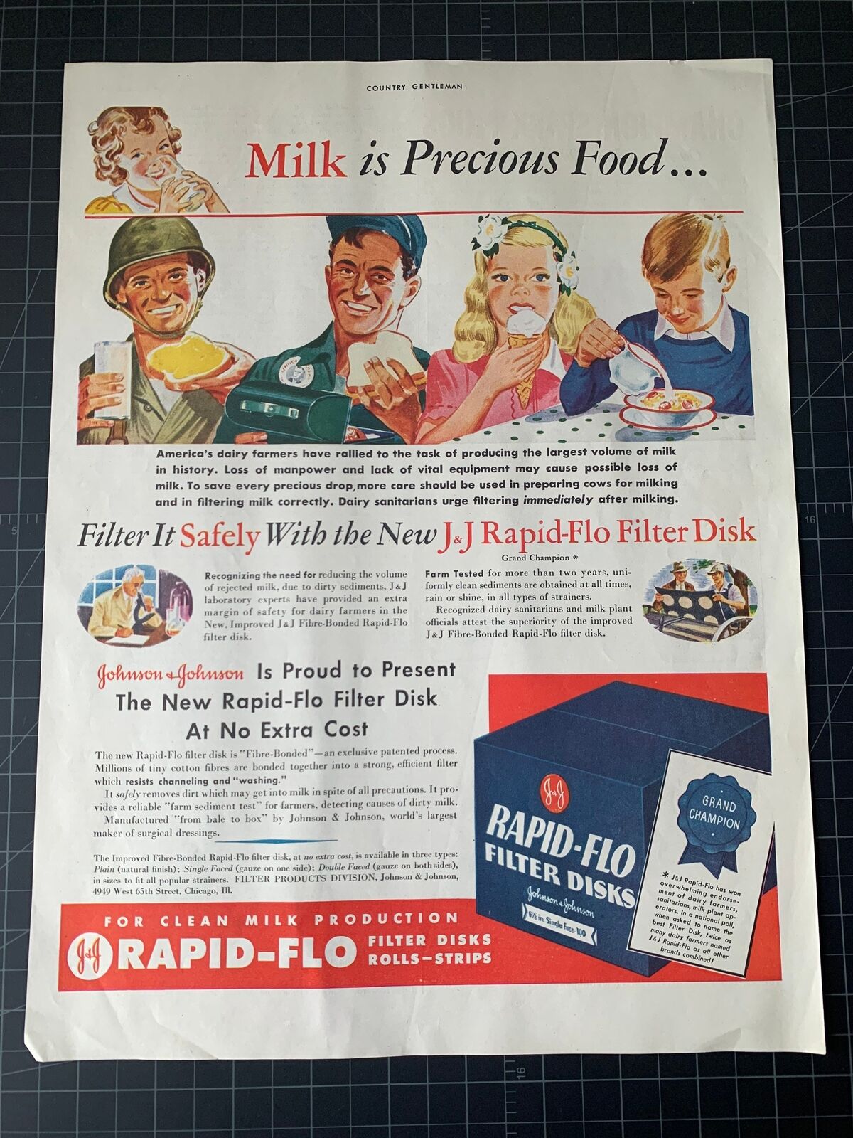Vintage 1943 Johnson & Johnson Dairy Milk Filters - WW2 Print Ad