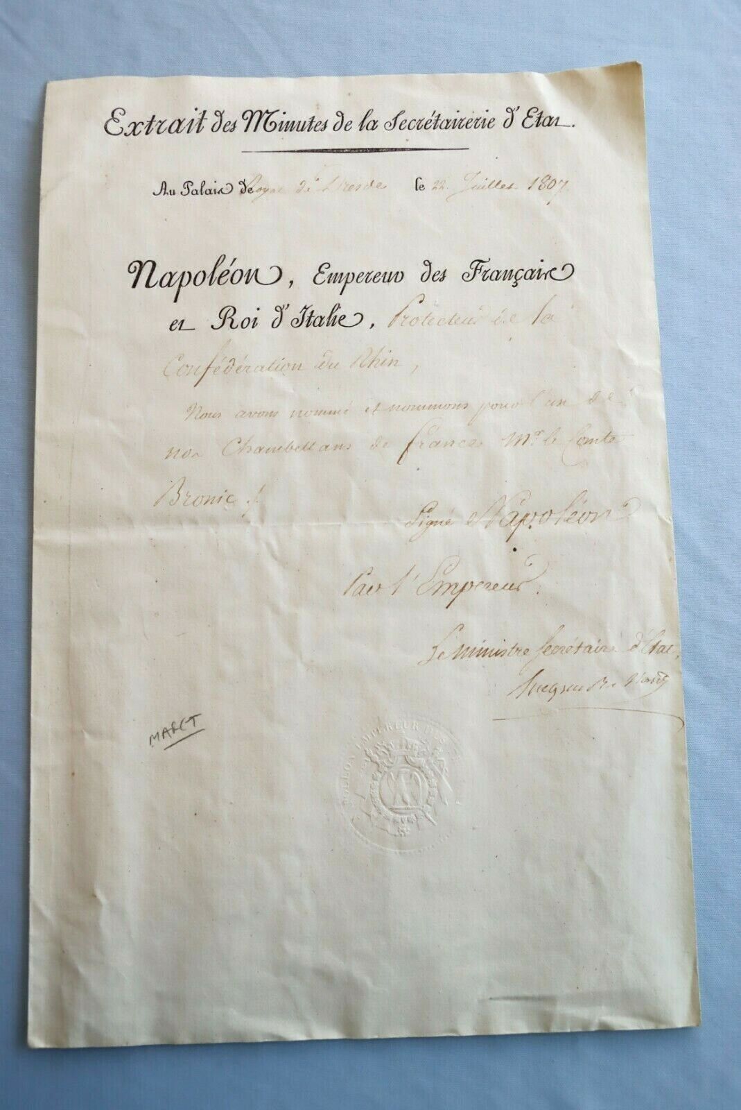 1807 France Certificate Finance Minister Nomination Secretary of State Maret