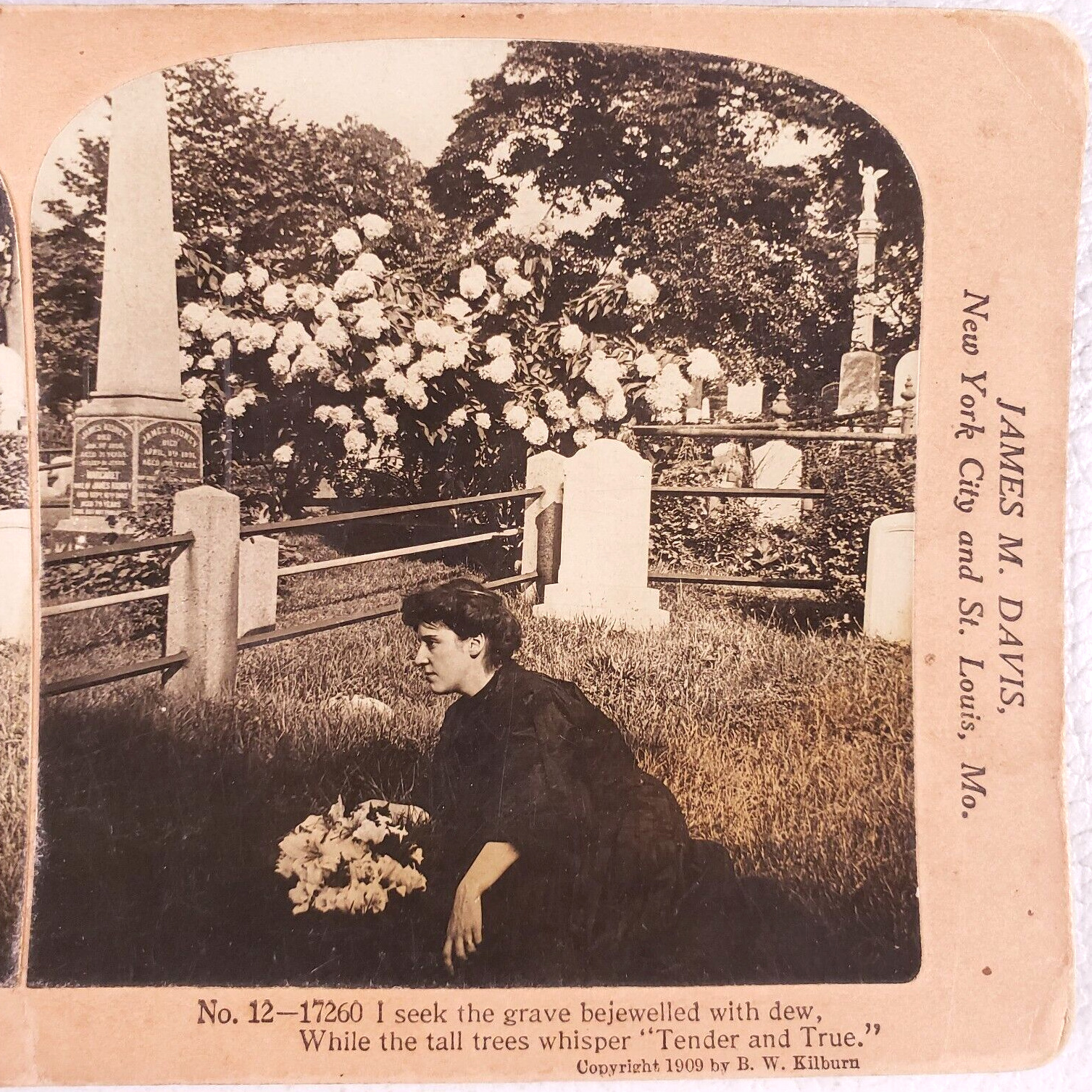 Cemetery Woman Holding Flowers Stereoview c1909 Kilburn Graveyard Headstone L295