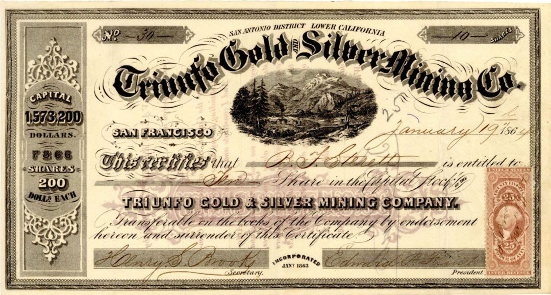 Triunfo Gold and Silver Mining Co. - 1863-1865 dated Stock Certificate - Mining 