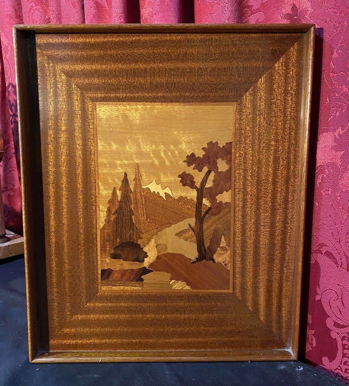 VINTAGE ANTIQUE INLAY SCENIC LANDSCAPE WOODEN PLAQUE / TRAY