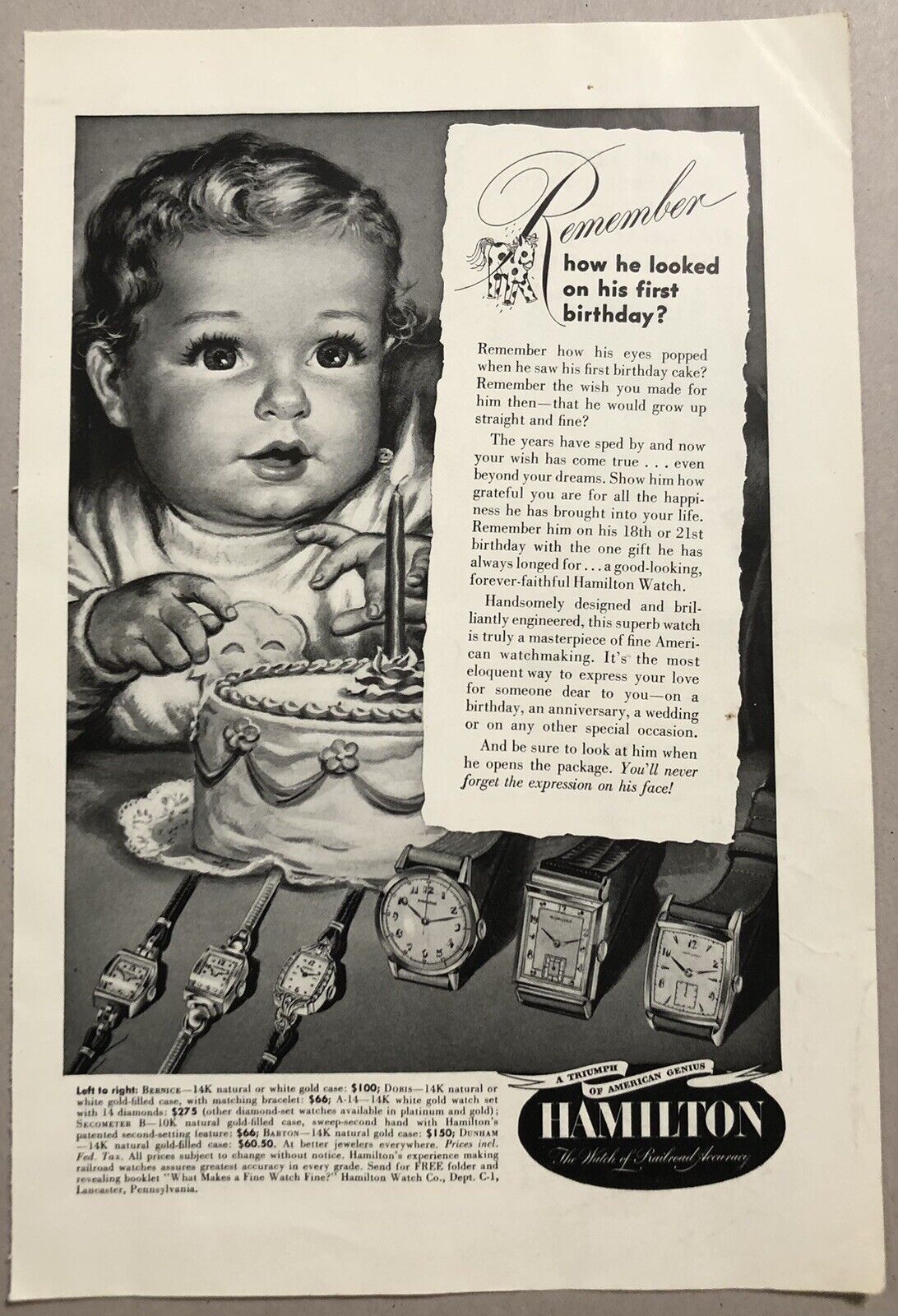 Vintage 1949 Original Print Advertisement Full Page - Hamilton Watches