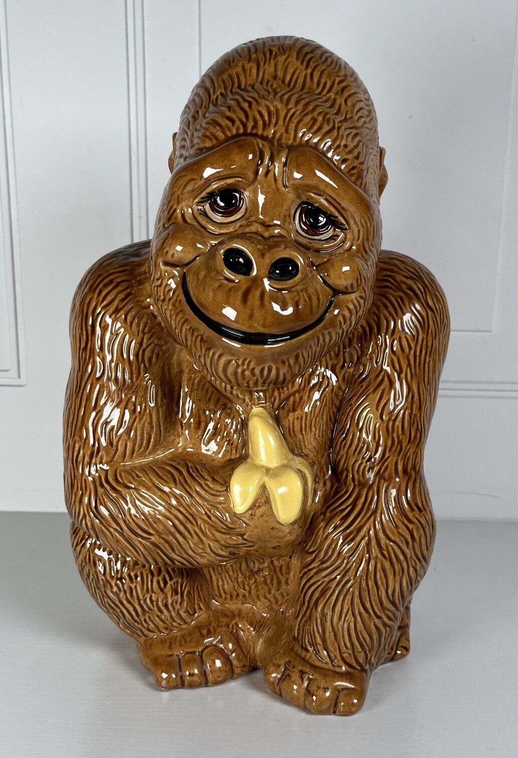 Vintage Brown Gorilla Holding Banana 1970s Ceramic Mexico