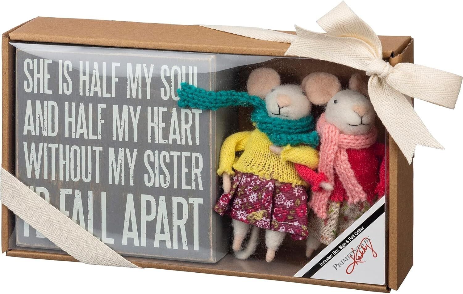 Primitives by Kathy Felt Mouse Gift Set My Sister Box Sign Set 3 Gift Ornament