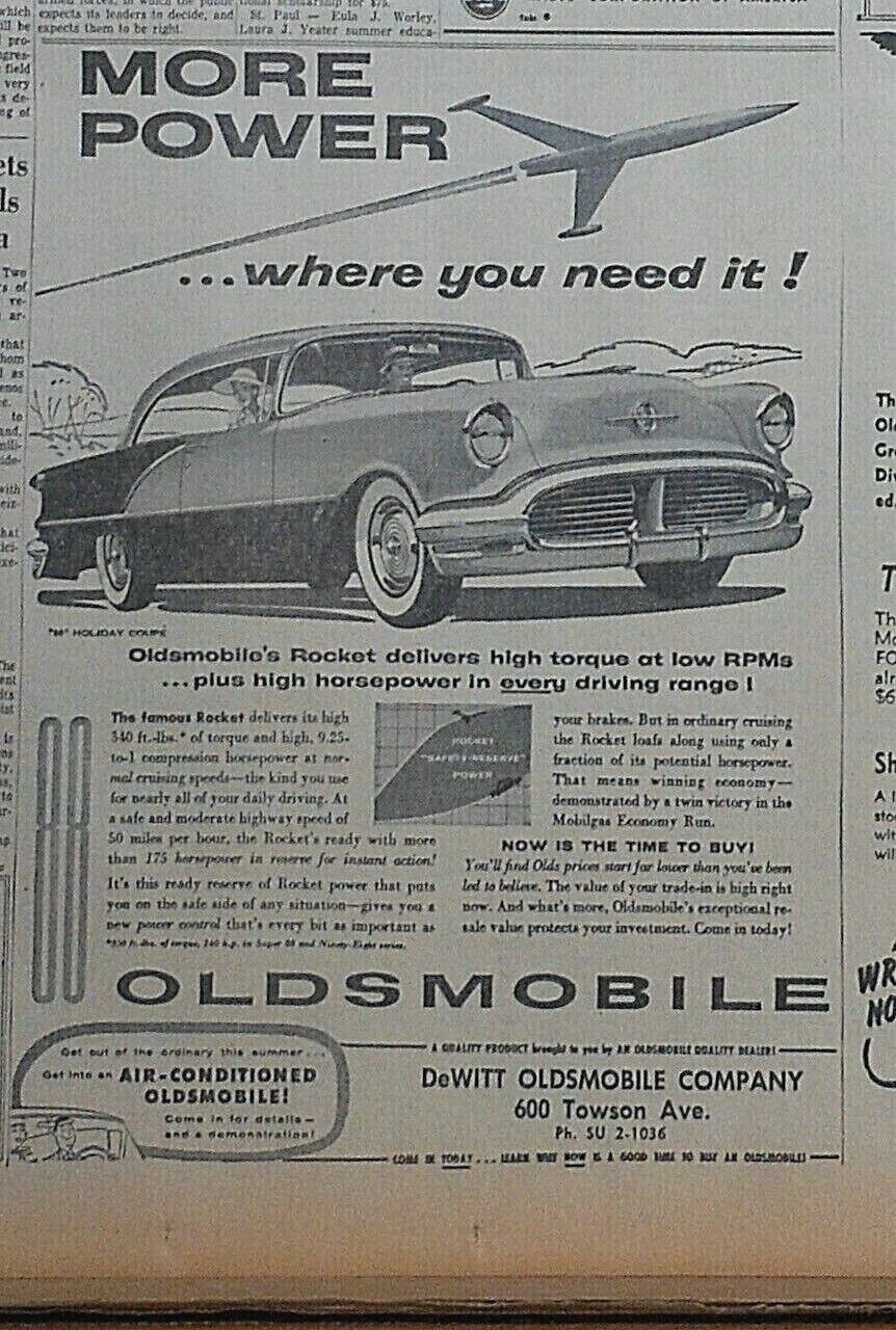 1956 newspaper ad for Oldsmobile  - More Power Where You Need It, \