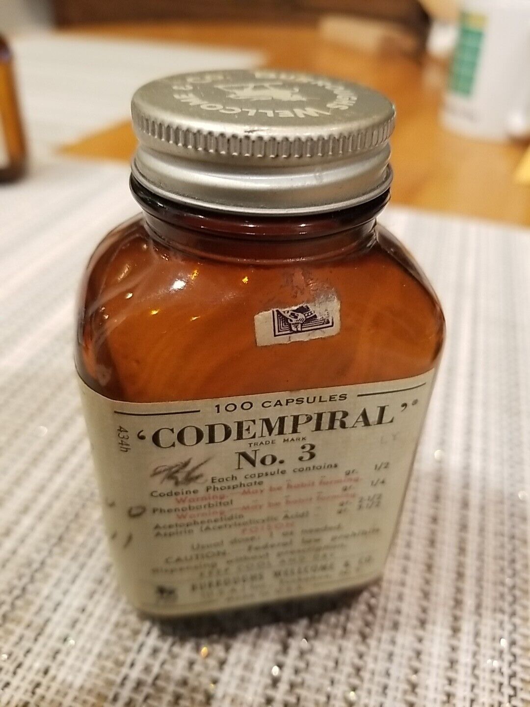 100 Capsule Vintage Codempiral No 3 CODEINE PHENOBARBITAL Empty Bottle  1960s