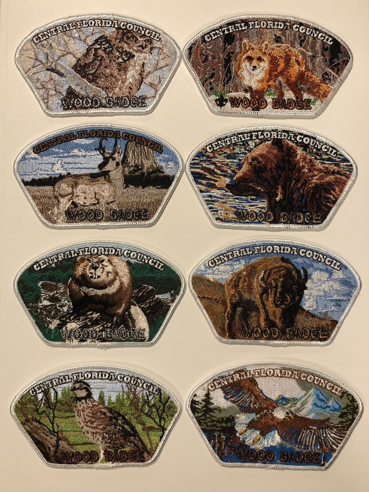 BSA CENTRAL FLORIDA COUNCIL WOOD BADGE COMPLETE SET-LOT OF 8 WHITE BORDER CSP\'S