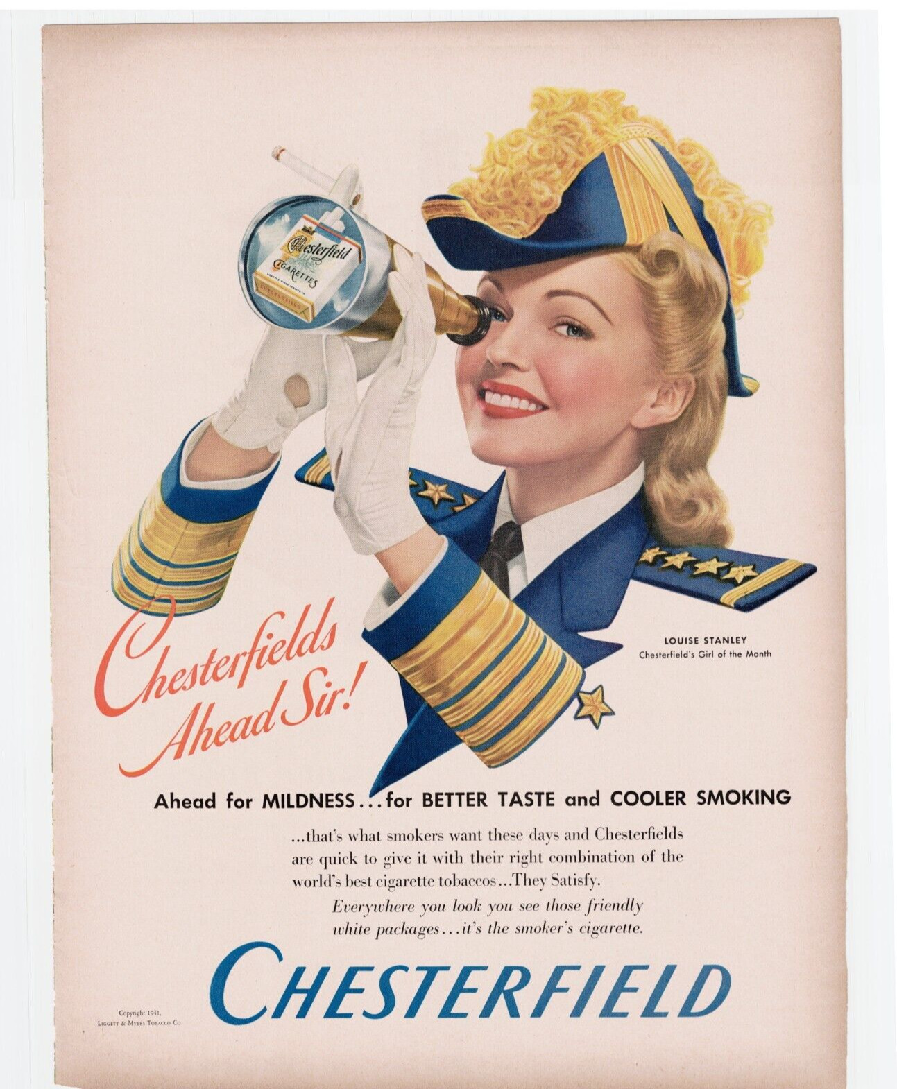 1941 Item:  Chesterfield Ahead Sir Cigarette Stanley Girl Of Month Print Ad