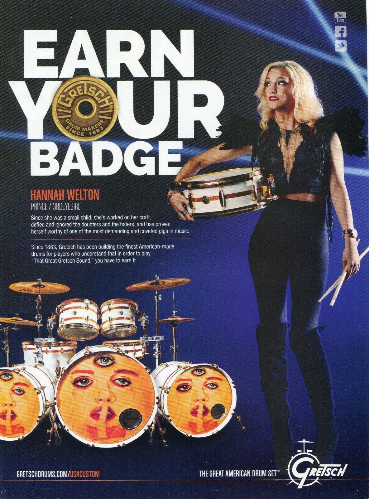 2015 Print Ad of Gretsch USA Custom Drum Kit w Hannah Welton of Prince