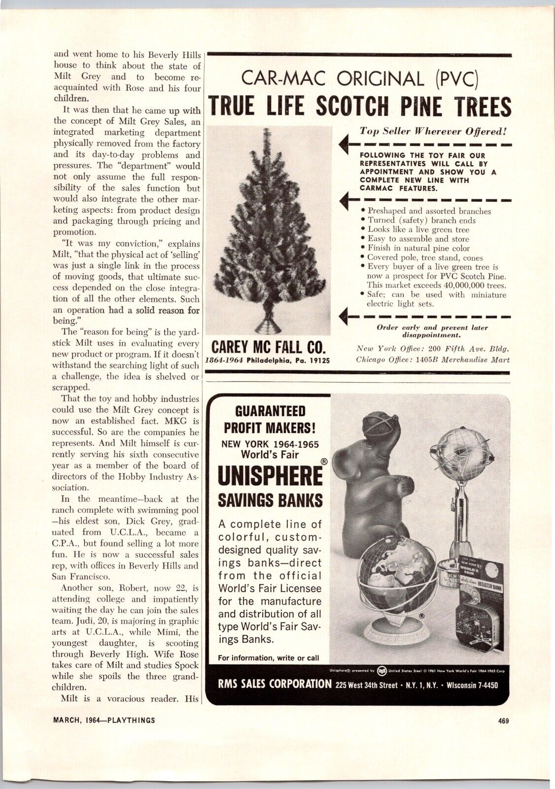1964 Carey McFall Vintage Christmas Tree Ad Car Mac PVC Scotch Pine Artificial