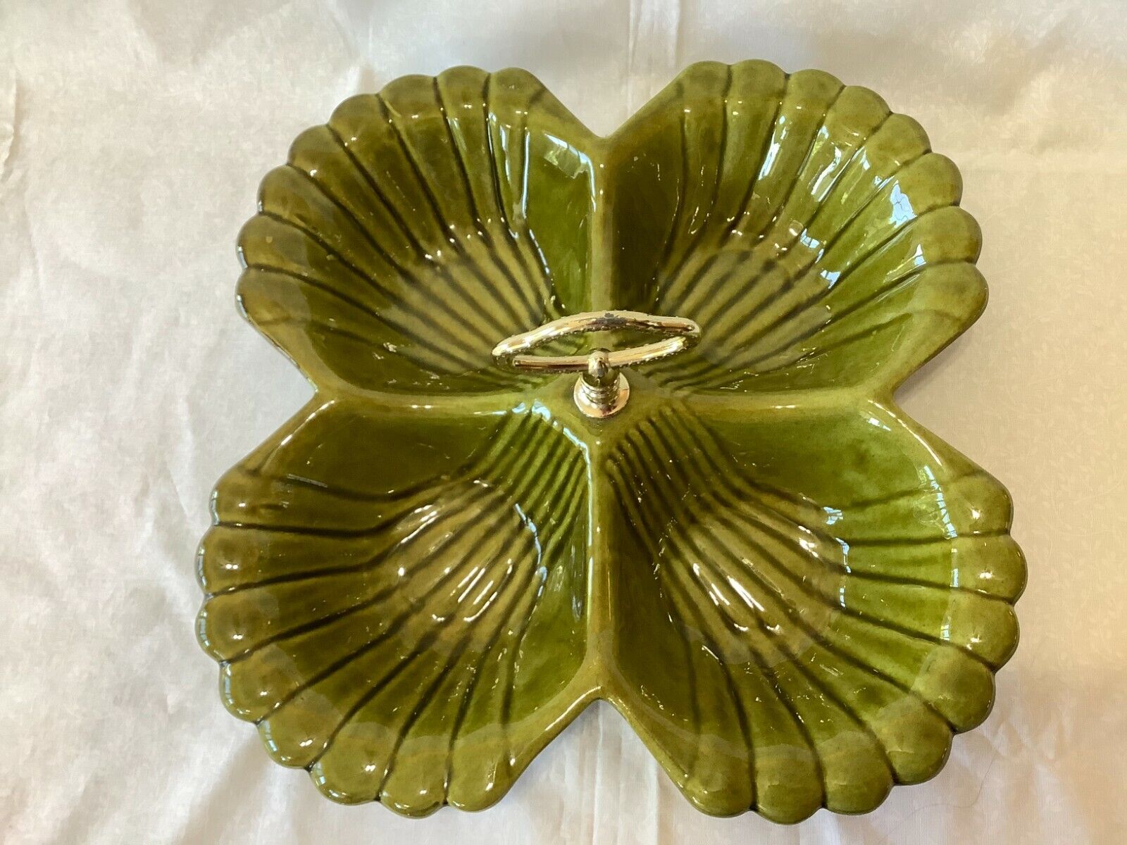 California Pottery Mid Century Modern Vintage Green Ceramic Tidbit/Relish Dish