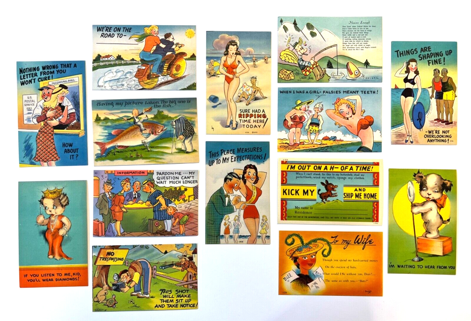 Humorous Post Cards; Vivid Colors; 1930\'s To 1940\'s; Unused NOS; Qty 14; Lot 2