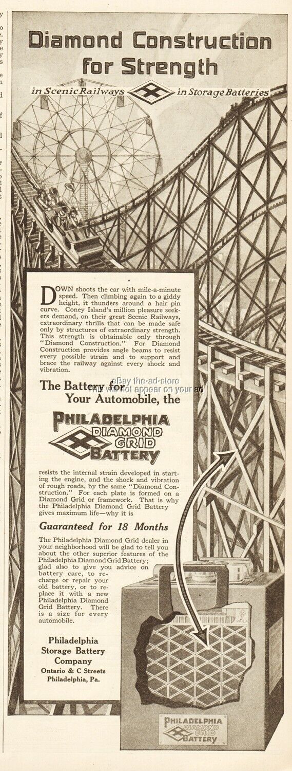 1919 Electric Storage Battery Co Ad Coney Island Rollercoaster Philadelphia PA