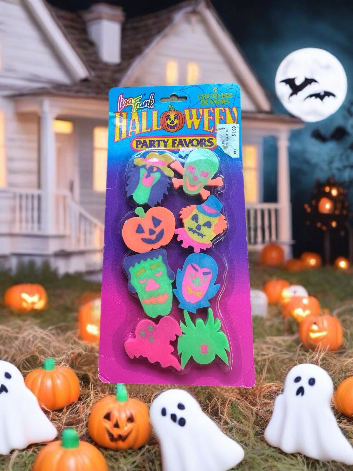 90s Lisa Frank Halloween Party Favors 8 Ghoulish Erasers NOS VTG Pumpkin Y2K
