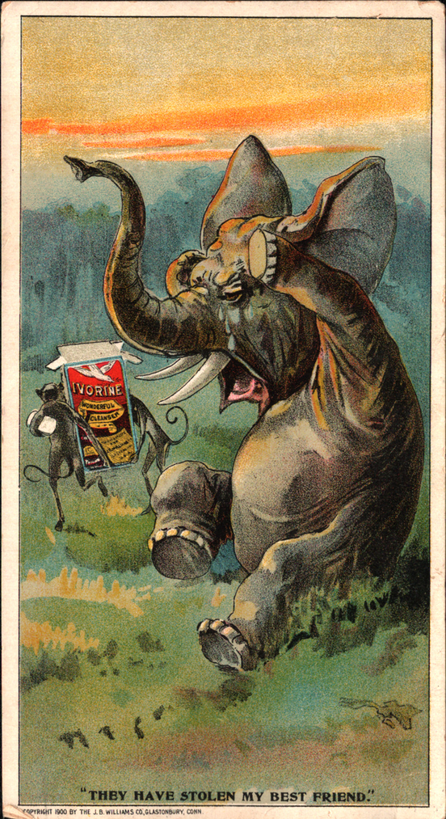 1900 Ivorine Soap Trade Card Crying Elephant Monkeys Steal His Best Friend