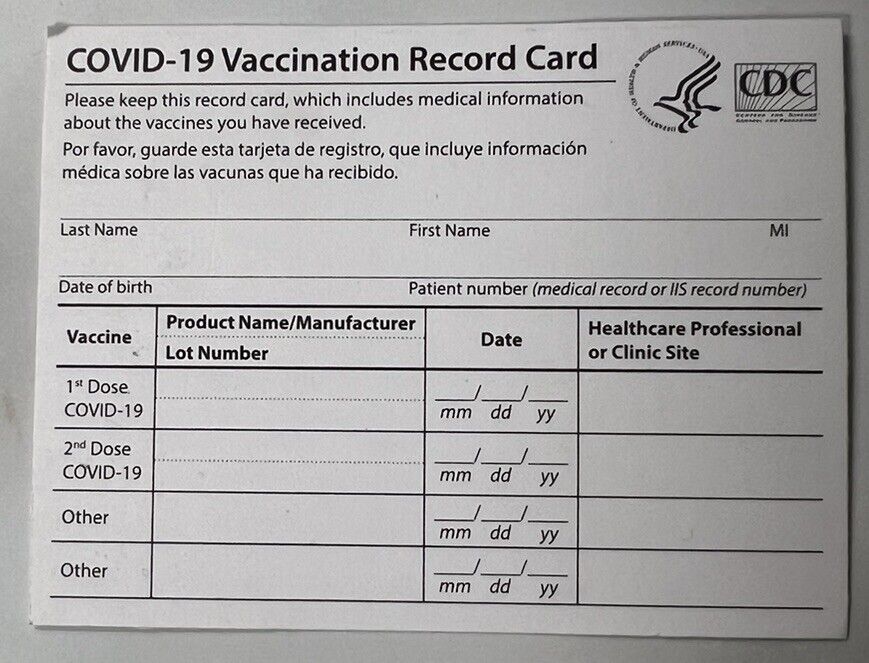 CDC COVID-19 Vaccination Blank Card Collector Use Only