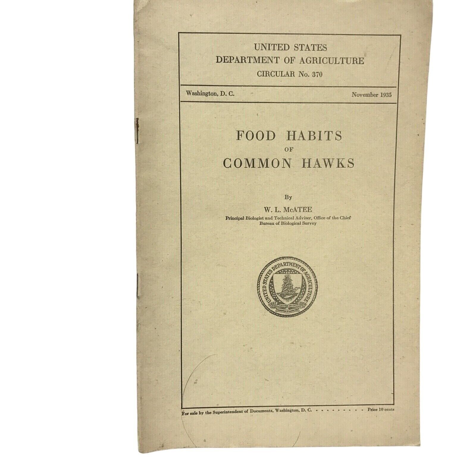 Vtg 1935 Booklet Dept Of Agriculture Circular 370 Eating Habits Of Common Hawks