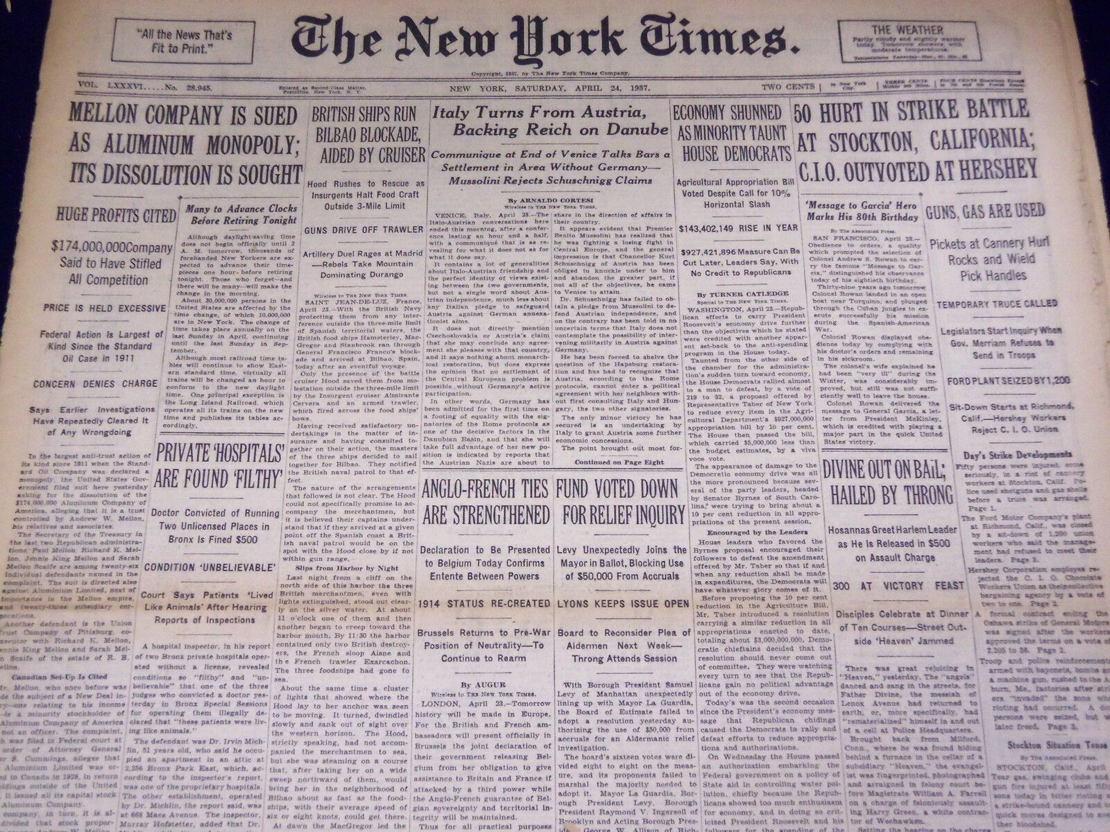 1937 APRIL 24 NEW YORK TIMES - ITALY BACKS REICH ON DANUBE - NT 3098