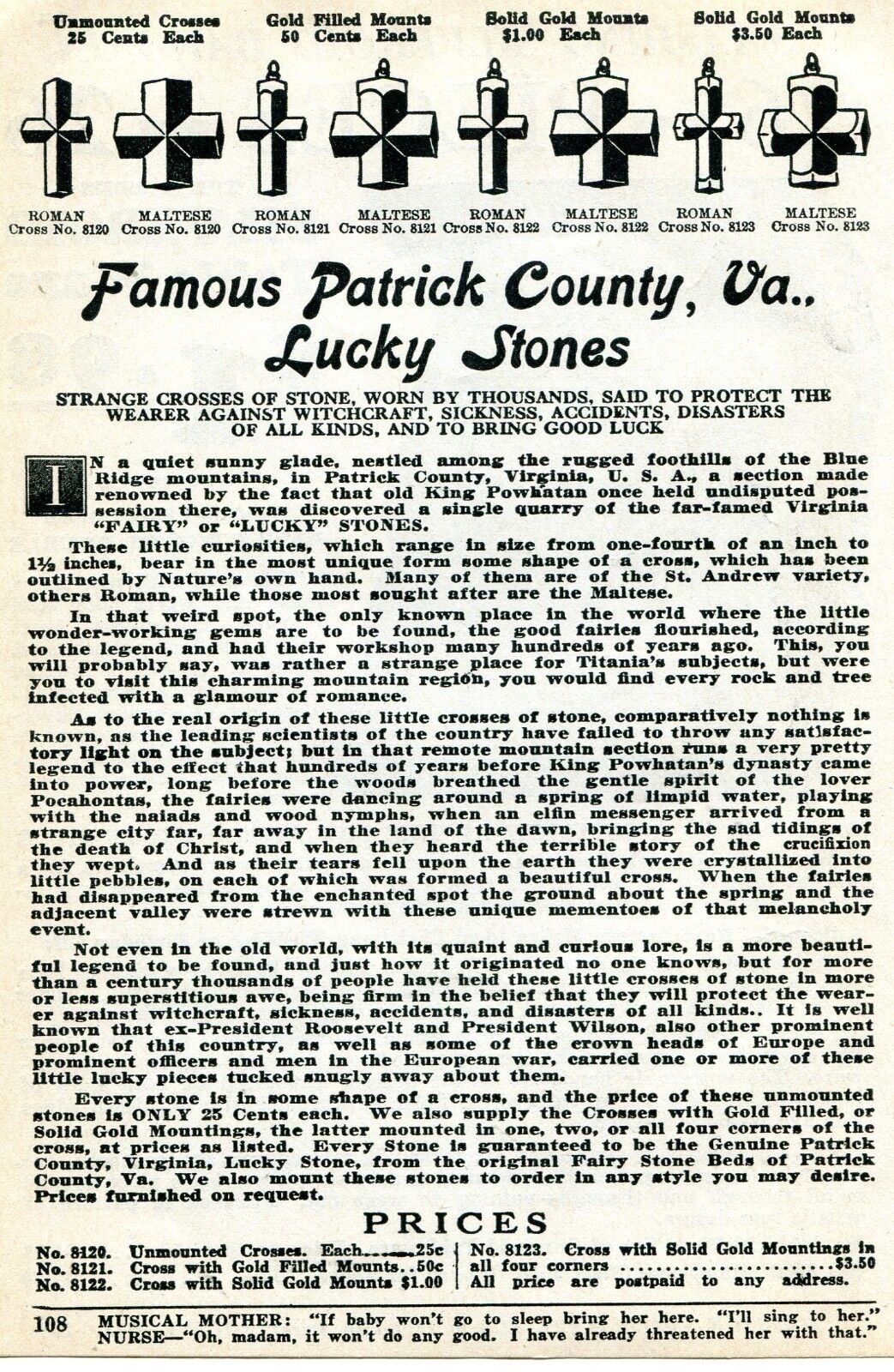 1926 Print Ad of Patrick County VA Fairy or Lucky Stones Maltese & Roman Cross