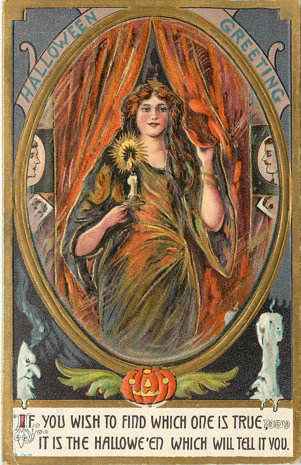 Embossed Postcard B37 Halloween Witch Fortune Teller Jack O Lantern