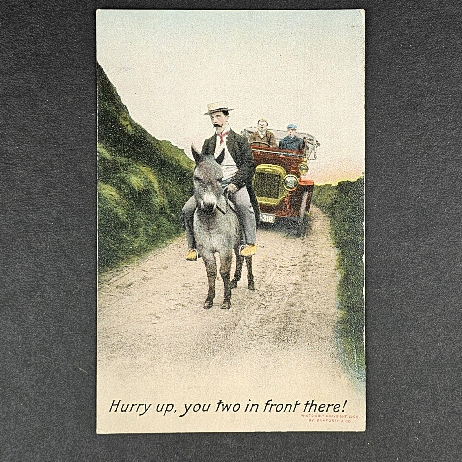 ANTIQUE 1908 DB POST CARD HUMOROUS MAN ON DONKEY BLOCKING ROAD POSTCARD