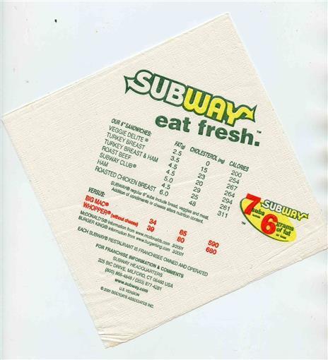 Subway Eat Fresh Napkin Fat Cholesterol Calories
