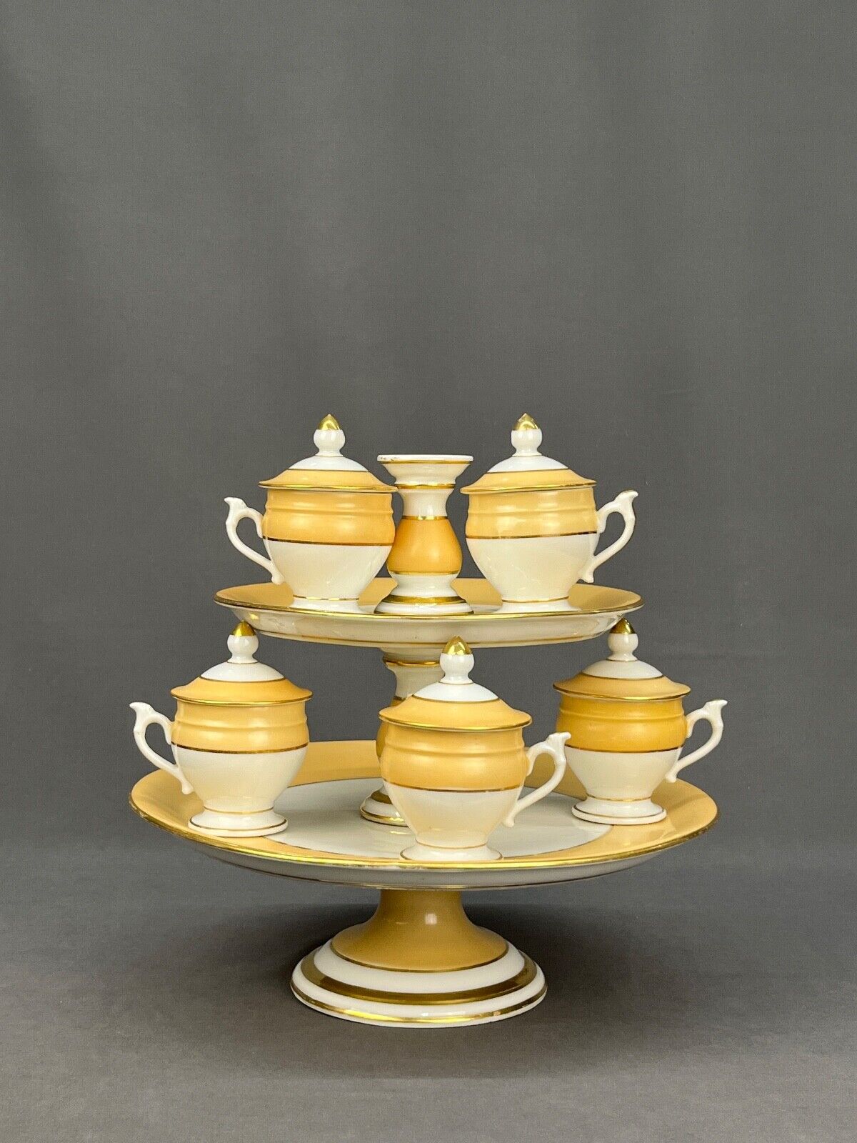 19th Century 5 Vieux Old Paris Porcelain Pot de Crème Cups & Dessert Stand Rare
