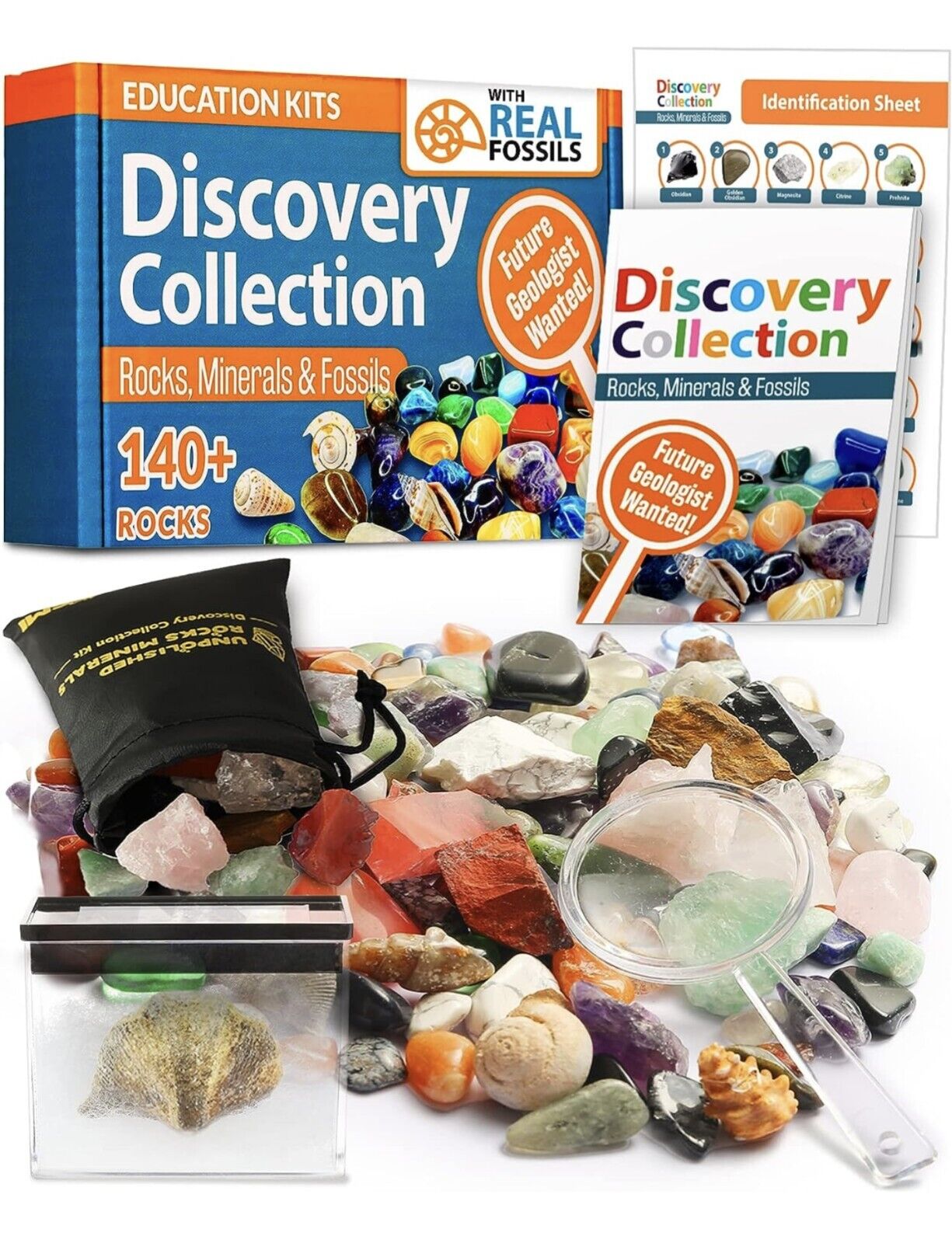 144pc Rock Collection Science Kit for Kids w/Gemstones & Fossils |