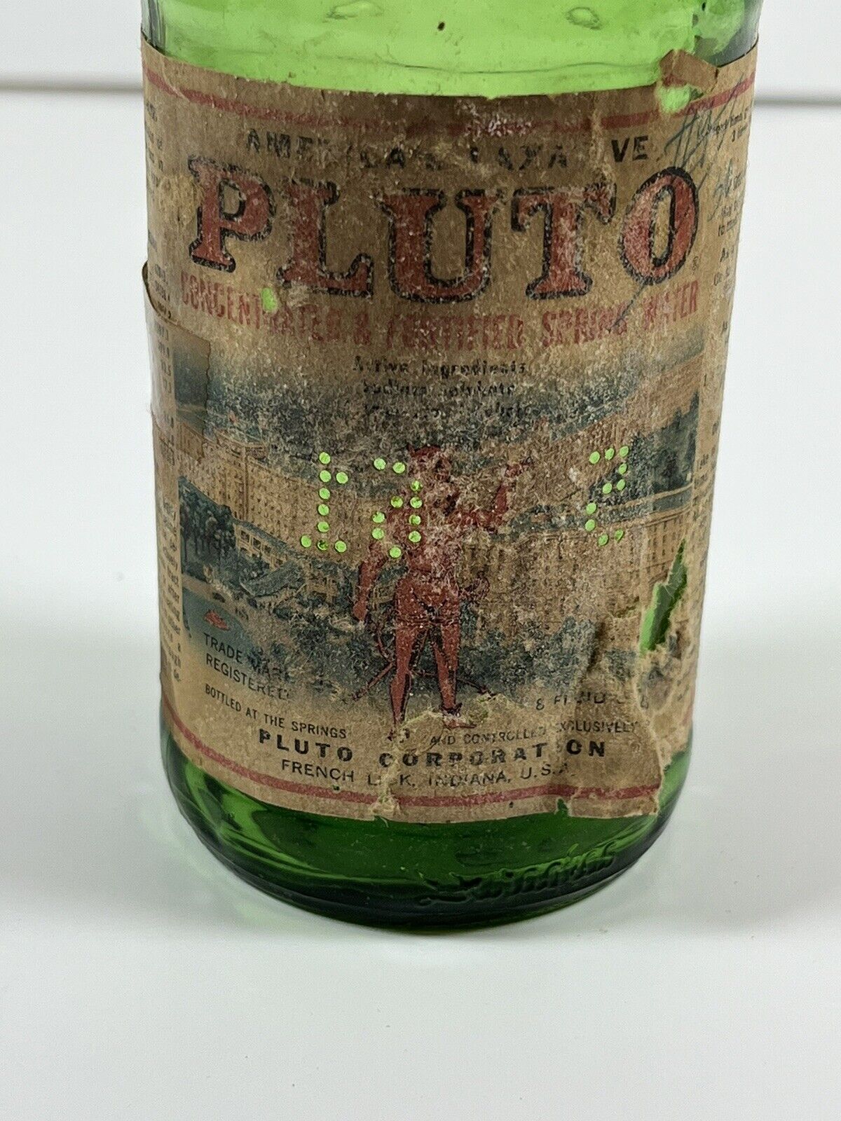 Pluto Water Americas Laxative French Lick Indiana Green Glass Bottle  VTG TLC