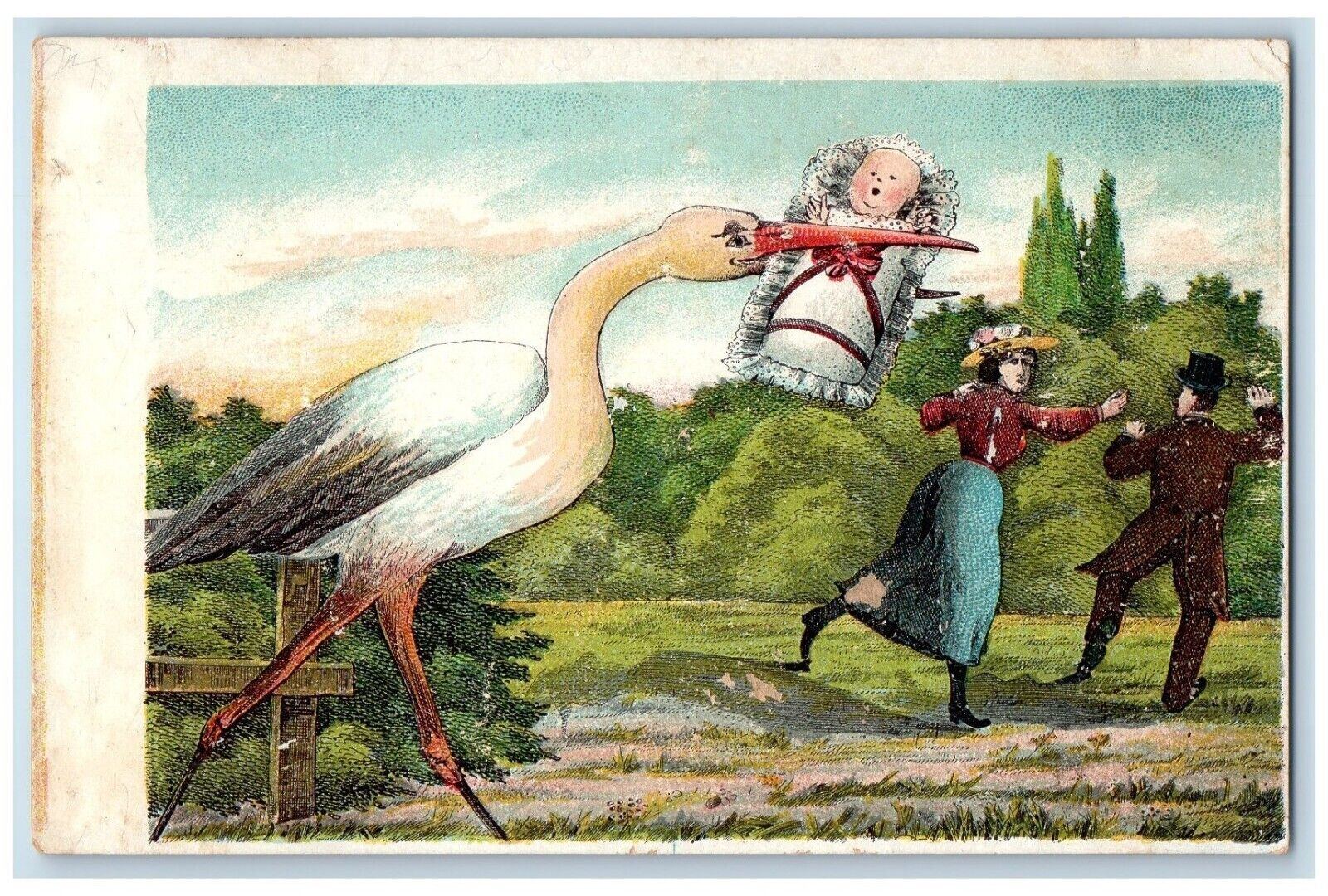 c1905 Giant Stork Deliver Baby Couple Scared Unposted Antique Postcard