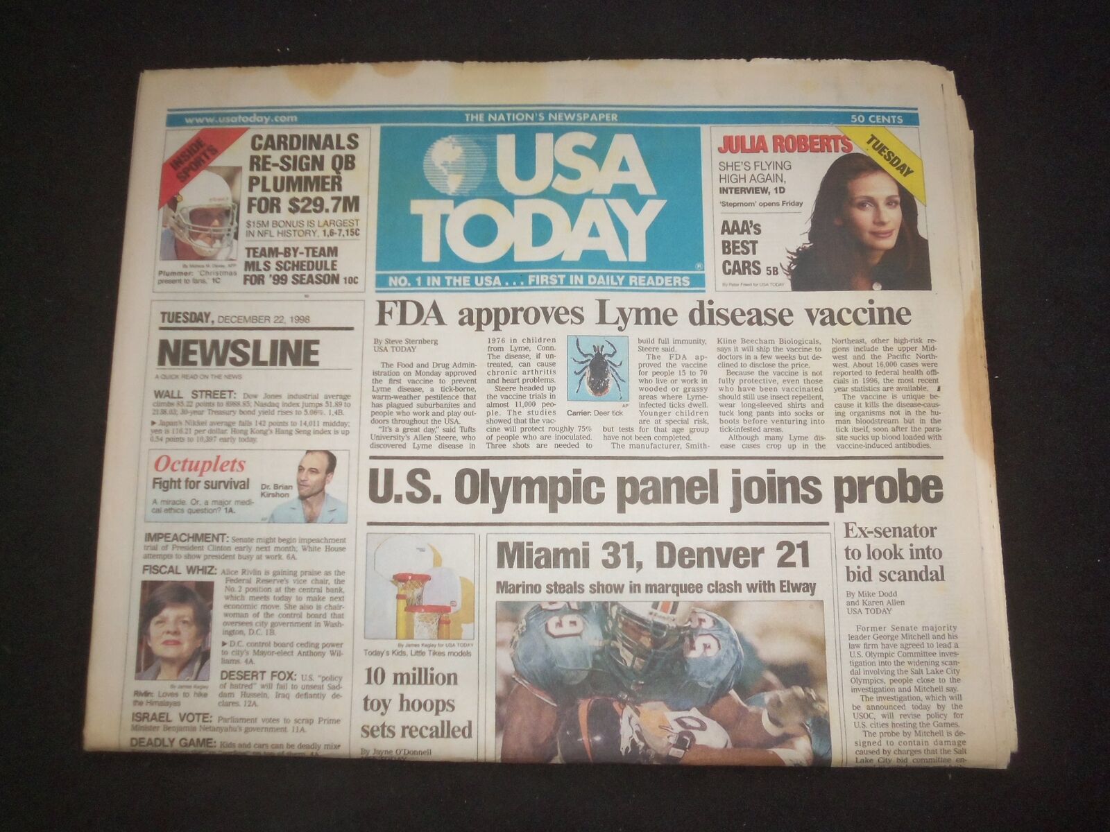 1998 DECEMBER 22 USA TODAY NEWSPAPER -FDA APPROVES LYME DISEASE VACCINE- NP 7979
