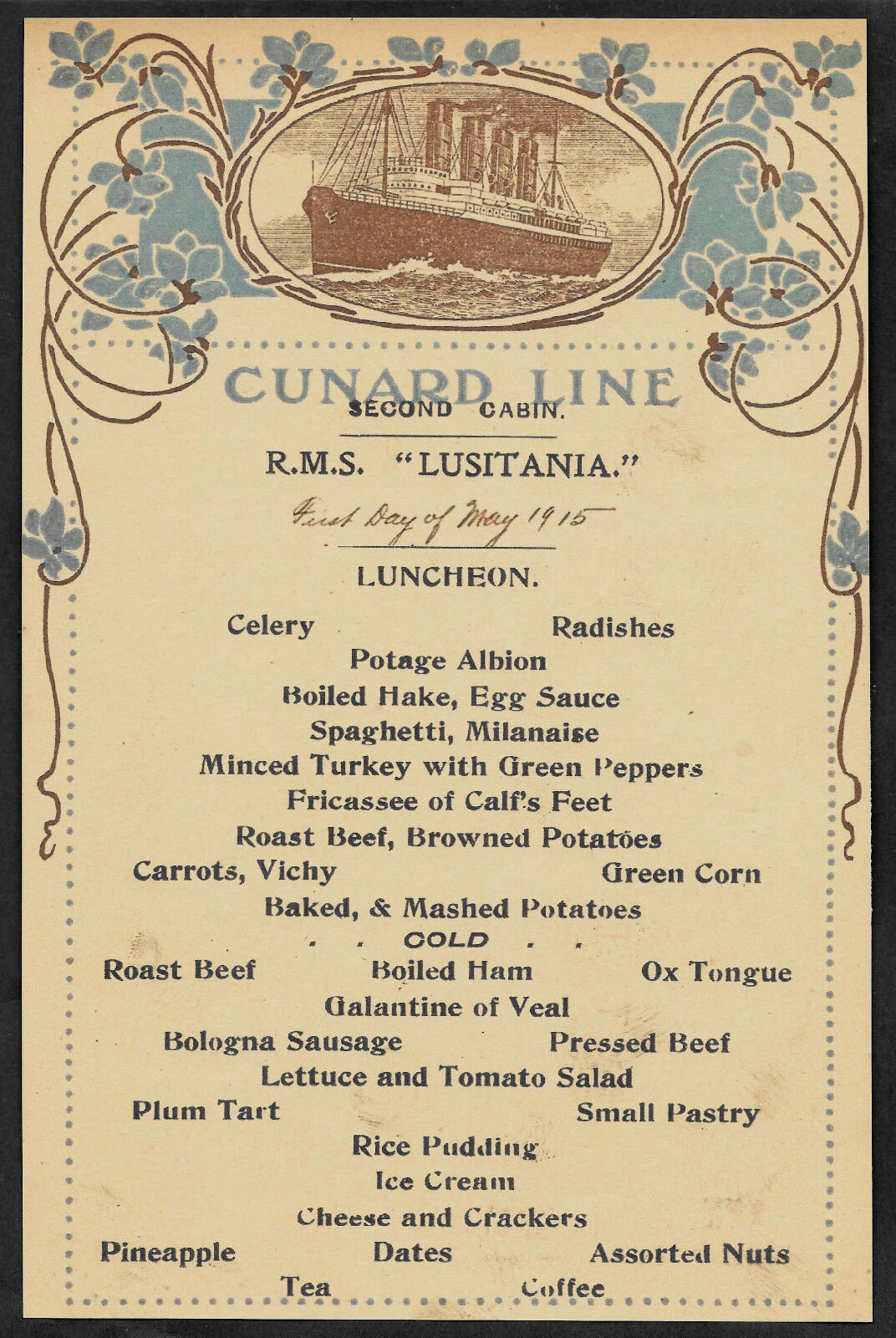 RMS Lusitania Cunard Line Menu Reprint On Original Period 1915 Paper *180